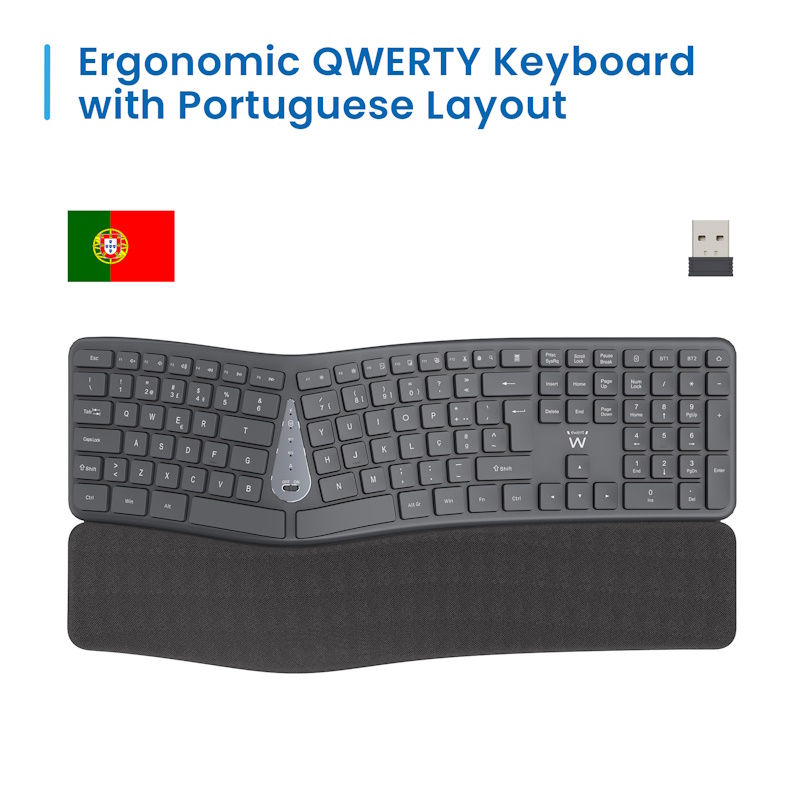 EW3290 | Wireless Ergonomic Multi-Connection Keyboard, Win/Android,PT | Ewent | distributori informatica
